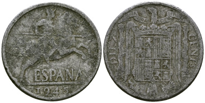 Испания 10 сентимо 1945 KM 766 алюминий 4167-124