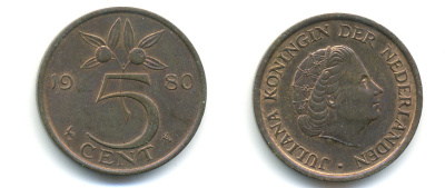 Нидерланды 5 центов 1980 Юлиана (1948-1980) KM 181 бронза 83-1013
