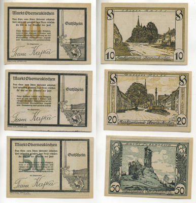 АВСТРИЯ НАБОР ИЗ 3 БАНКНОТ 1920 НОТГЕЛЬД, 10, 20, 50 ГЕЛЛЕРОВ, MARKT OBERNEUKIRCHEN бумага aUNC 6278-61-1