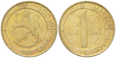 Финляндия 1 марка 1994 KM 76 алюминиевая бронза 4617-1261