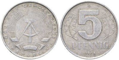 ГДР 5 пфеннигов 1968 A KM 9.1 алюминий 4613-944