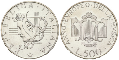 Италия 500 лир 1985 R, Год музыки KM 117 серебро BU 34-435