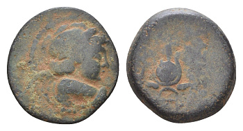 Государство Селевкидов АЕ 138-129 гг. до н.э. Антиох VII Эвергет, голова Эроса/головной убор Изиды SC 2067 медь 1100-11-65