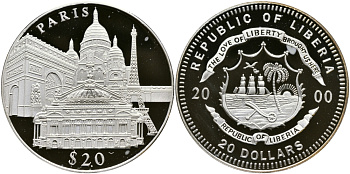 Либерия 20 долларов 2000 серия памятники архитектуры, Париж серебро PROOF 1066-3-34