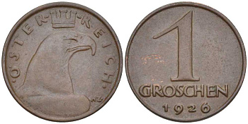 АВСТРИЯ 1 ГРОШ 1926 ДОВОЕННАЯ ДЕСЯТИЧНАЯ ЧЕКАНКА KM 2836 бронза 201-152