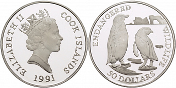 Острова Кука 50 долларов 1991 серия охрана окружающей среды, пингвины KM 128 серебро  PROOF  11-177-42