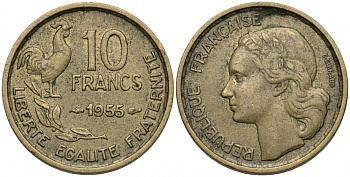 ФРАНЦИЯ 10 ФРАНКОВ 1955 KM 915.1 алюминиевая бронза 51-2616
