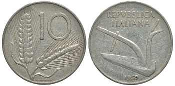 ИТАЛИЯ 10 ЛИР 1955 R, КОЛОСЬЯ, ПЛУГ KM 93 алюминий VG 4182-524