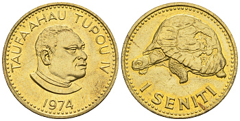 Тонга 1 сенити 1974 король Тауфа’ахау Тупоу IV (1967-2006), черепаха KM 27 a латунь  UNC  220-1062