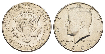 США 1/2 доллара (50 центов) 1990 P, Джон Кеннеди KM A202b медь плакированная медно-никелем aUNC 4517-624