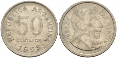Аргентина 50 сентаво 1955 генерал Хосе де Сан Мартин KM 49 сталь плакированная никелем 4548-335