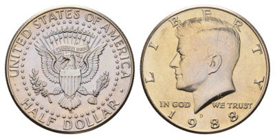 США 1/2 доллара (50 центов) 1988 D, Джон Кеннеди KM A202b медь плакированная медно-никелем UNC 4672-634