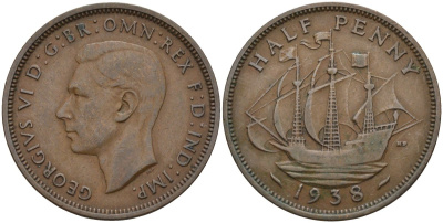 Великобритания 1/2 пенни 1938 Георг VI (1936-1952) KM 844, Spink 4115 бронза 4143-632