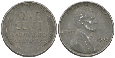 США 1 цент 1943 Авраам Линкольн KM 132 a сталь покрытая цинком 214-358