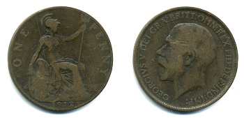 Великобритания 1 пенни 1912 Георг V (1910-1936) KM 810, Spink 4051 бронза 47-843