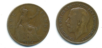 Великобритания 1 пенни 1916 Георг V (1910-1936) КМ 810, Spink 4051 бронза 37-1213