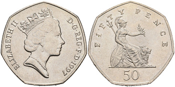 Великобритания 50 пенсов 1997 Елизавета II (1952-2022) KM 940.2, Spink 4351 (H7) медно-никель UNC 88-546