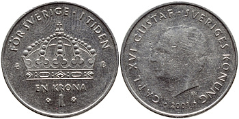 Швеция 1 крона 2001 Карл XVI Густав (1973- ) KM 894 медно-никель 4364-141