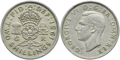 Великобритания 2 шиллинга (флорин) 1951 Георг VI (1936-1952) KM 878, Spink 4107 медно-никель 4394-1046