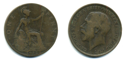 Великобритания 1 пенни 1912 Георг V (1910-1936) KM 810, Spink 4051 бронза 47-843