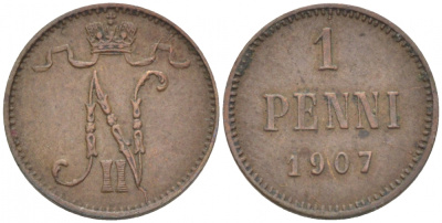 РОССИЯ ДЛЯ ФИНЛЯНДИИ 1 ПЕННИ 1907 НИКОЛАЙ II KM 13, Биткин 468 медь 4396-1326
