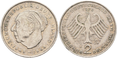 ФРГ 2 марки 1976 J, Теодор Хойс, 20 лет Федеративной Республике (1949-1969) KM A127, J. 407 медно-никель плакированный никелем 4168-424