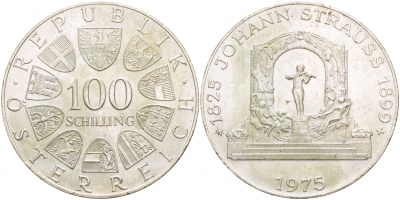 Австрия 100 шиллингов 1975 150 лет со дня рождения Иоганна Штрауса KM 2923 серебро 443-315