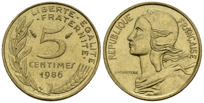 Франция 5 сантимов 1986 KM 933 алюминиевая бронза 4173-944