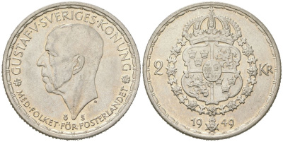 Швеция 2 кроны 1949 TS, Густав V (1907-1950) KM 815 серебро aUNC 38-611