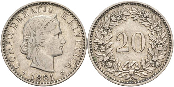 ШВЕЙЦАРИЯ 20 РАППЕНОВ 1881 В KM 29 никель 55-553