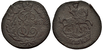 Россия полушка 1788 Екатерина II (1762-1796) КМ 55.4, Узд. 2807 (черта), Биткин 846 ( R), 5 рублей по Ильину медь 00-813-74