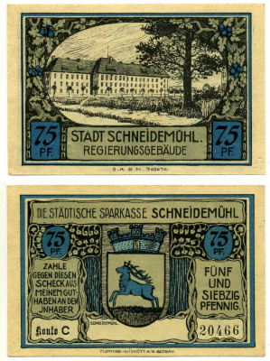 Шнейдемюль (SCHNEIDEMUHL) 75 пфеннигов 1922 нотгельд (KONTO С), земля Померания Grabowski 1191.1b бумага 2196-1-1-1