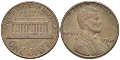 США 1 ЦЕНТ 1968 D, ЛИНКОЛЬН KM 201 медь цинк 217-1116