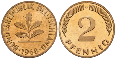 ФРГ 2 пфеннига 1968 G KM 106a, J.381a сталь плакированная медью PROOF 1094-7-51
