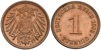 Германия 1 пфенниг 1892 A, Вильгельм II (1888-1918) KM 10, J. 10 медь aUNC 1525-522