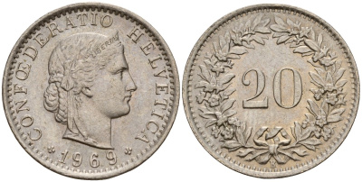 Швейцария 20 раппенов 1969 KM 29a медно-никель 4150-1252