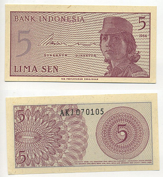 Индонезия 5 сенов 1964 девушка волонтер Pick 91 a  бумага  UNC (пресс) 6294-35-3