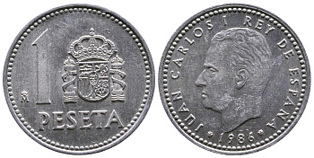 Испания 1 песета 1986 M, Хуан Карлос I (1975-2014) KM 821 алюминий 4110-1445