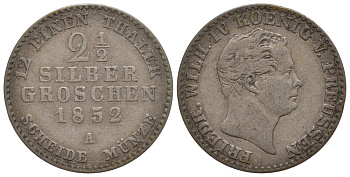 Пруссия 2 1/2 серебряного гроша 1852 А, Фридрих Вильгельм IV (1840-1861) KM 444, Olding 323, AKS 87, Jaeger 65 серебро    105-1259 1522-1023