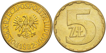 ПОЛЬША 5 ЗЛОТЫХ 1982 MW KM 81.1 латунь UNC 89-1432