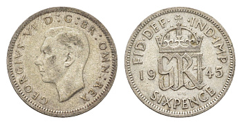 Великобритания 6 пенсов 1945 Георг VI (1936-1952) KM 852, Spink 4084 серебро 4647-127