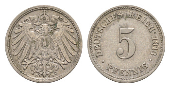 Германия 5 пфеннигов 1913 D, Вильгельм II (1888-1918) KM 11, J. 12 медно-никель 4640-146