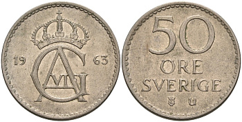 Швеция 50 эре 1963 U, Густав VI Адольф (1950-1973) KM 837 медно-никель UNC 4380-213