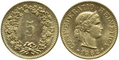 Швейцария 5 раппенов 1982 KM 26с алюминий латунь 4396-1129