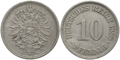 Германия 10 пфеннигов 1888 A, старогербовка KM 4 медно-никель 4171-237