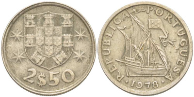 ПОРТУГАЛИЯ 2,5 ЭСКУДО 1978 ПАРУСНИК KM 590 медно-никель 4513-1151
