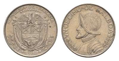 Панама 1/10 бальбоа (10 сентесимо) 1966 KM 10 медь плакированная медно-никелем UNC 4644-122