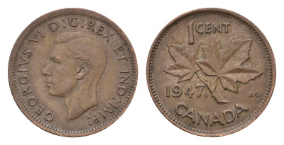 Канада 1 цент 1947 Leaf, Георг VI (1936-1952), кленовый лист KM 32 бронза 75-1564