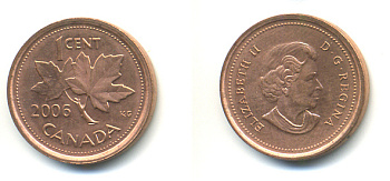Канада 1 цент 2006 KG, Елизавета II (1952-2022), кленовый лист цинк плакированный медью 177-1459
