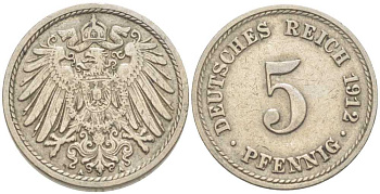 ГЕРМАНИЯ 5 ПФЕННИГОВ 1912 А KM 11, J. 12 медно-никель 206-1231